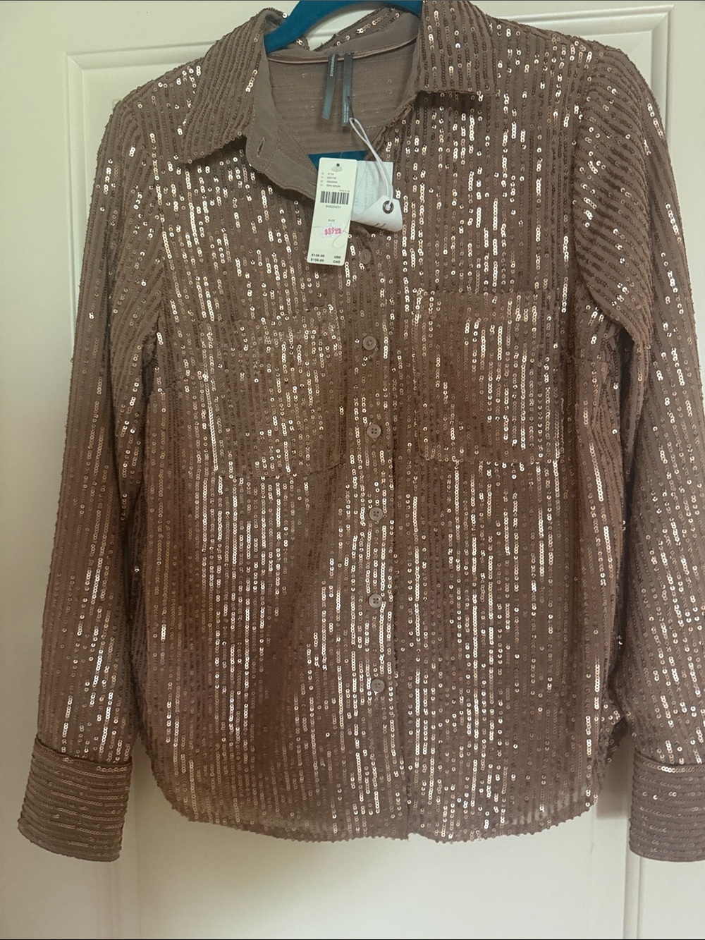 NWT Anthropologie Sequin Button-Up Shirt in Taupe